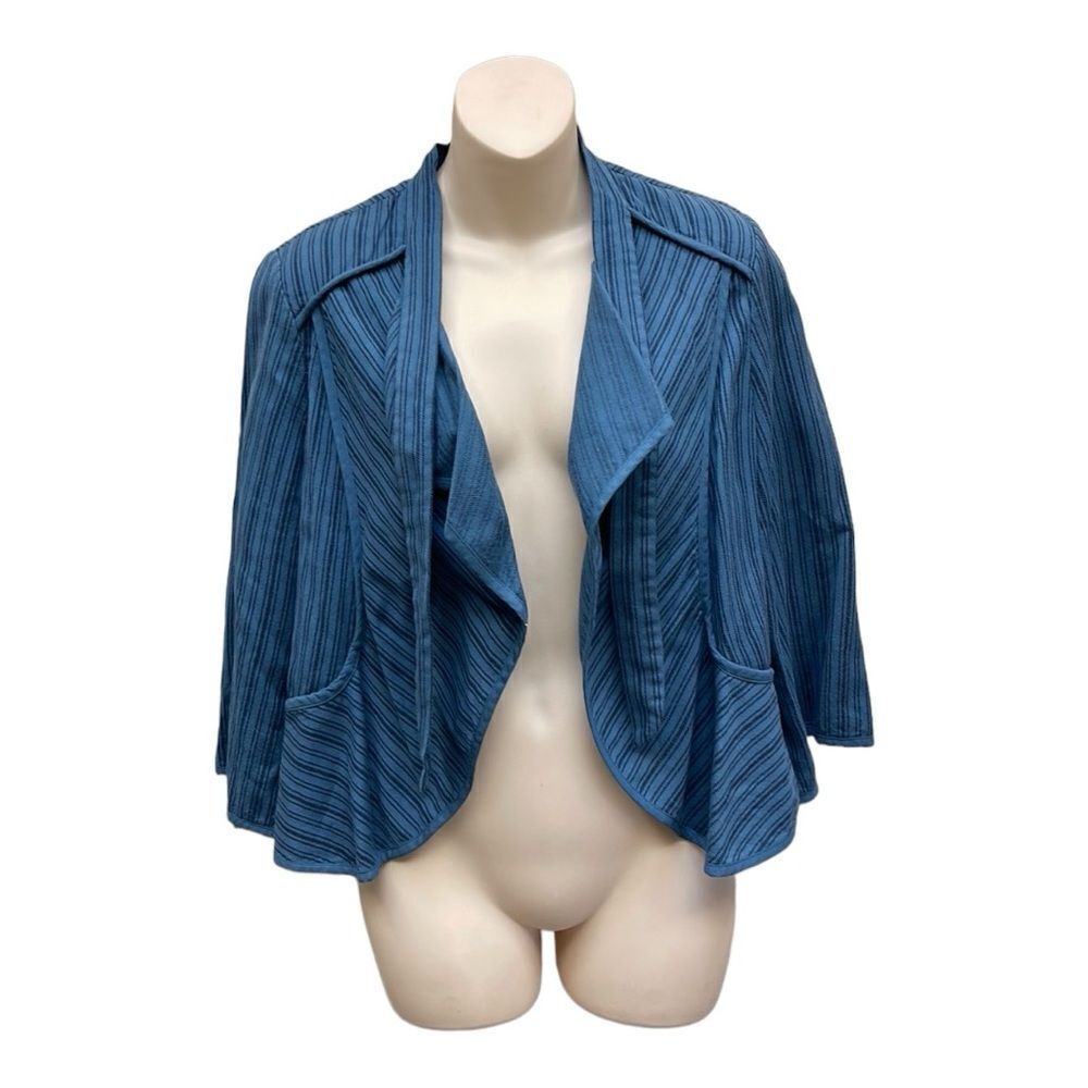 Cabi Womens Cascade Peplum Jacket Blue Pinstripe Waterfall Open Front Cotton M